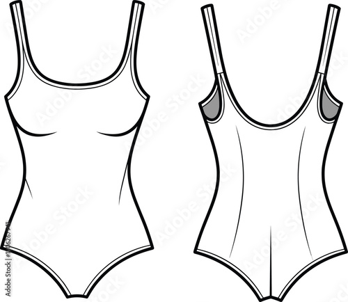 Women’s sleeveless bodysuit fashion flat sketch, technical vector drawing, swimsuit apparel template, front and back view design illustration