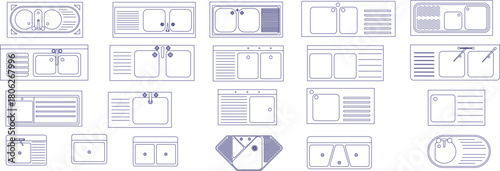 Vector line drawings of various kitchen and utility sinks in plan view, including double/single basins and draining boards, for architectural layouts.