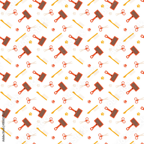 Pet salon seamless pattern with grooming brush, shears, comb, tiny paw marks for packaging