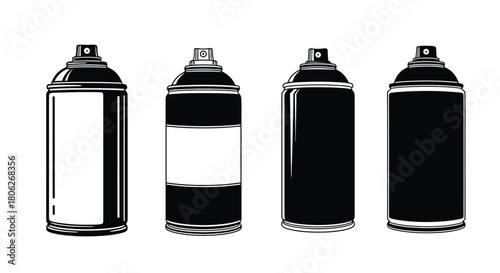 Four spray paint cans in varying shades of black and white