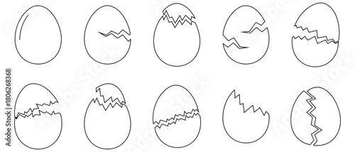 Crack egg icon set. Black line shapes of Broken Eggs. Broken and Cracked Easter Eggs shell icon set. Cracked eggs vector illustration.