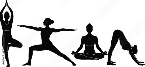Women Yoga Poses Silhouette Horizontal Banner Vector