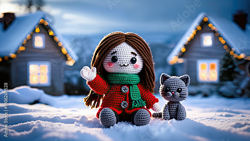 - Crocheted dolls with cat smiling and waving in snowy village