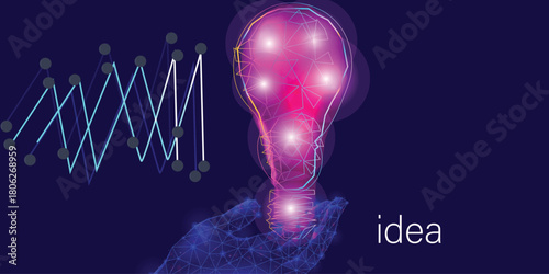 Abstract lamp bulb mash line origami   Polygonal 3D white bright warm light on dark background. Idea with geometry triangle. Vector Incandescent lamp with bright light..