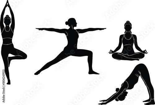Women Yoga Poses Silhouette Wellness Vector Set