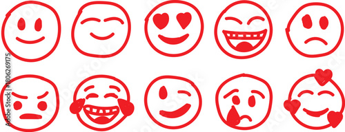 Emoticons Isolated Round red Faces with Various Emotions and Expression Tear Smile Sad Love Happy Unhappy Like Lol Angry Wink Laughter Emoji Character Collection Vector Illustration Pro Vector. 