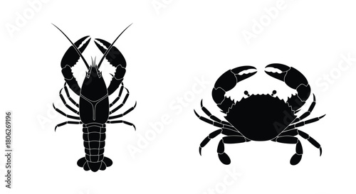 Simple black silhouettes depict a lobster and a crab side by side