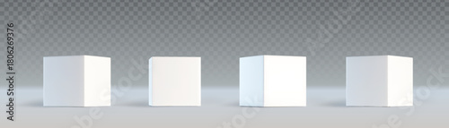 White 3d cube collection with various angle perspectives on transparent background. Minimalist square block set in different rotation and view for geometric mockup, product display or abstract design.