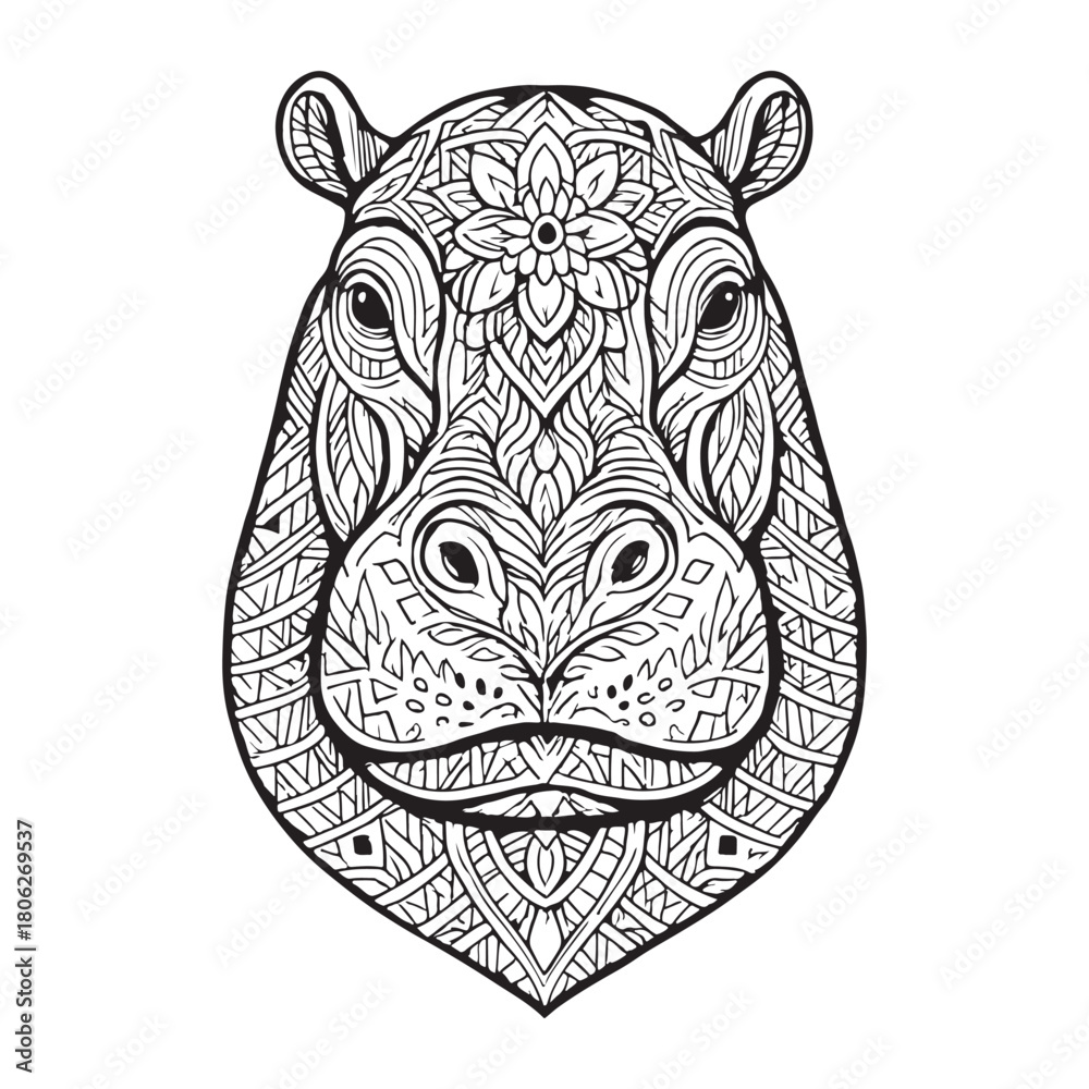 Obraz premium Intricate Zentangle-Style Illustration of a Hippopotamus Head Featuring Detailed Mandala Patterns and Decorative Ornate Designs
