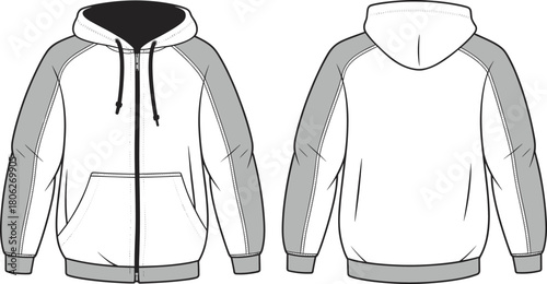 Blank hoodie mockup with contrast raglan sleeves front and back view, isolated fashion apparel template for branding and design presentation