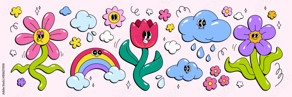 Fototapeta premium Retro groovy cartoon flower character mascots with clouds and rainbow sticker illustration set. Smiling blossoms on green stems with decorative doodles, raindrops and stars for playful design.