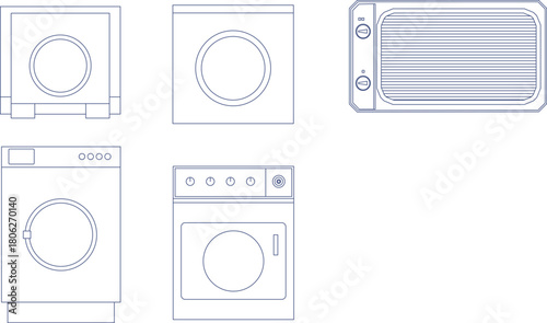 Vector line drawings of laundry appliances (washing machines/dryers) and a heater/air conditioner, shown in front elevation for architectural utility spaces.
