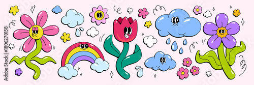 Retro groovy cartoon flower character mascots with clouds and rainbow sticker illustration set. Smiling blossoms on green stems with decorative doodles, raindrops and stars for playful design.