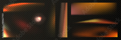 Film light leak flare effect overlay set with old photo filter texture on transparent background. Vintage analog camera artifacts and orange glow streaks for retro photography or nostalgic design.