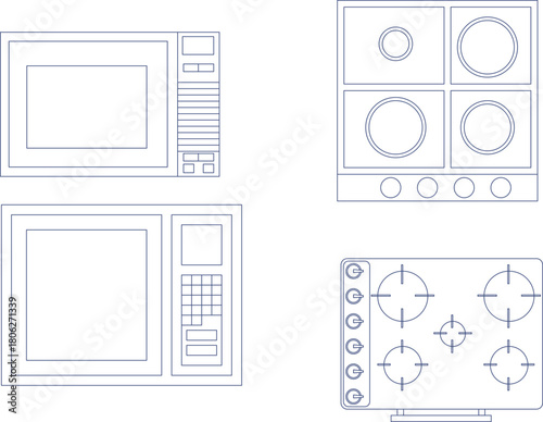 Vector line drawings of kitchen appliances in plan view: various cooktops (gas and electric) and microwaves, essential for detailed kitchen layouts.