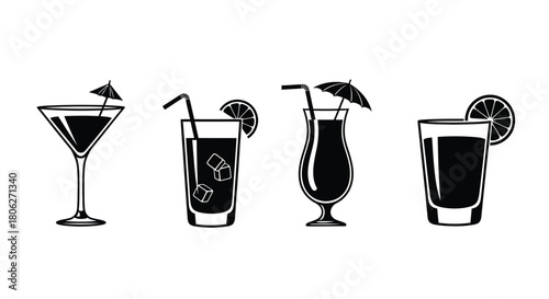 Black and white illustration featuring various types of cocktail glasses