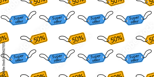 Bright discount tags with bold text promoting a 50 percent super offer on a clean white background