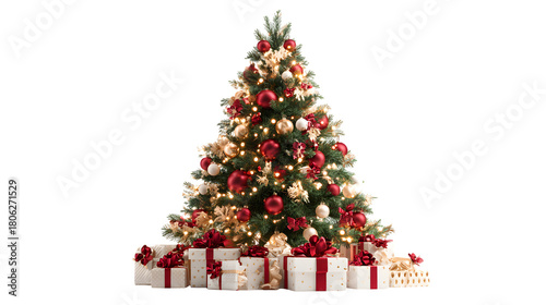 Beautifully decorated Christmas tree with red and gold ornaments, glowing fairy lights, and wrapped gifts placed underneath, elegant festive celebration scene, isolated on white background 