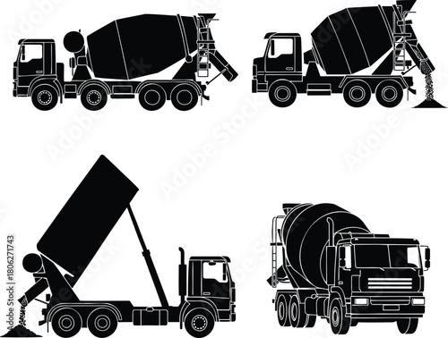Concrete mixer truck silhouettes pouring cement industrial construction vehicle set