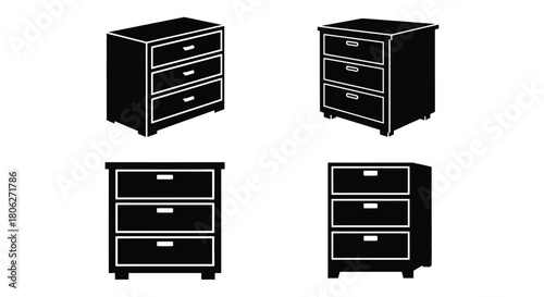 Black and white silhouettes of various sized bedroom drawer chests