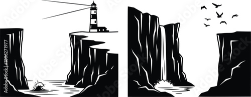 Cliff landscapes with lighthouse sea canyon waterfall and flying birds silhouettes