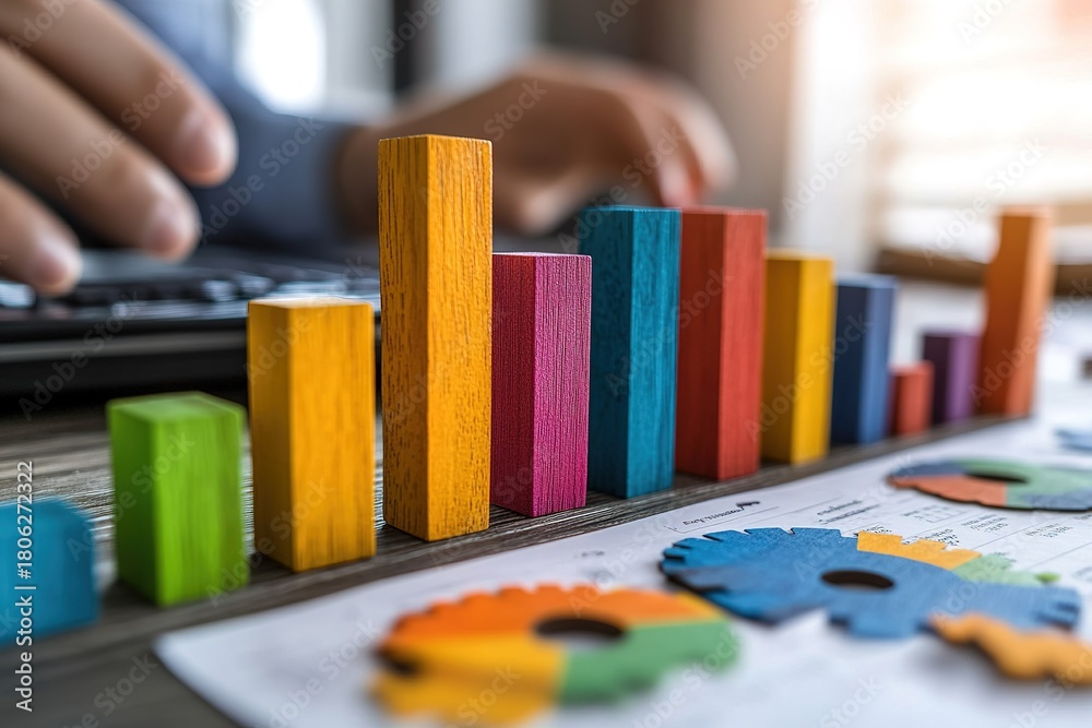Fototapeta premium Colorful graphs, gears symbolize business growth, strategy in modern office. Person analyzes charts on desk. Colorful wooden blocks form upward trending bar graphs. Interlocking gears suggest.