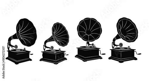 Four vintage gramophones in a repeating black and white pattern illustration