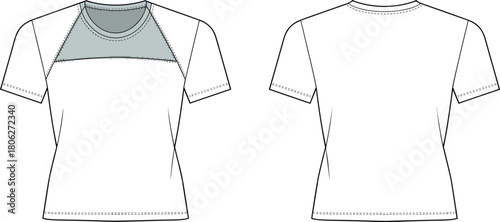 Women’s short sleeve top with contrast mesh yoke panel, vector technical fashion flat showing detailed front and back garment construction design
