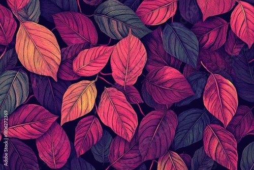 Wallpaper Mural Colorful vintage leaves organic background, trending viva magenta shades color, illustration. Torontodigital.ca