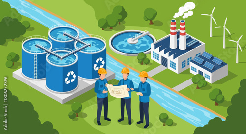 Engineers planning sustainable water treatment and industrial development with renewable energy sources.