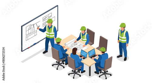Isometric view of construction workers in a meeting discussing blueprints.