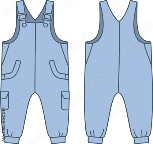Kids denim dungaree overalls with cargo pockets and elastic hem, vector fashion flat technical sketch showing detailed front and back views