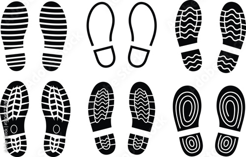 Black Silhouette and Outline Footprint Sole Vector Icons Set for Footwear, Forensic Science, and Crime Investigation.
