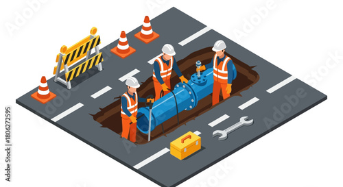 Isometric illustration of construction workers repairing a road with a pipe in a city street