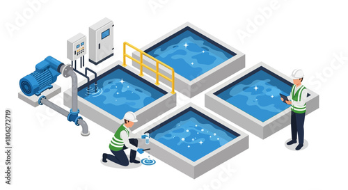 Isometric illustration of engineers working at a water purification plant with industrial tanks, pumps, and control panels.