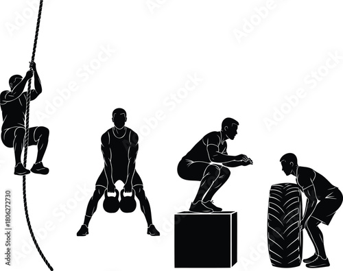 Male athlete silhouettes rope climbing kettlebell lifting box jump and tire flip