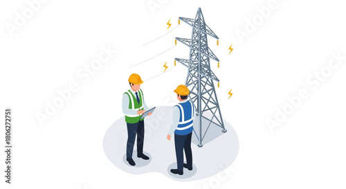 Two workers in hard hats and vests discussing plans beside a power transmission tower with yellow insulators on a white background.