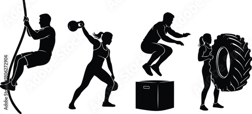 Cross training athlete silhouettes with rope climb kettlebell jump and tire flip