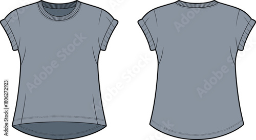 Women’s rolled-sleeve T-shirt with curved hem fashion flat, front and back technical vector illustration, casual apparel template design
