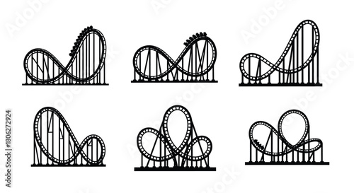 Black and white illustrations of multiple rollercoaster track designs presented neatly