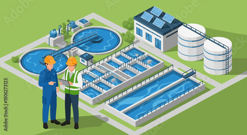 Isometric illustration of a wastewater treatment plant with workers.
