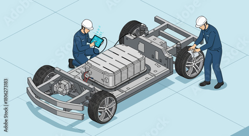 Isometric view of two technicians working on an electric vehicle chassis with battery pack and wheels.