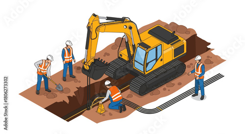 Construction crew with an excavator laying underground utility pipes in a trench.