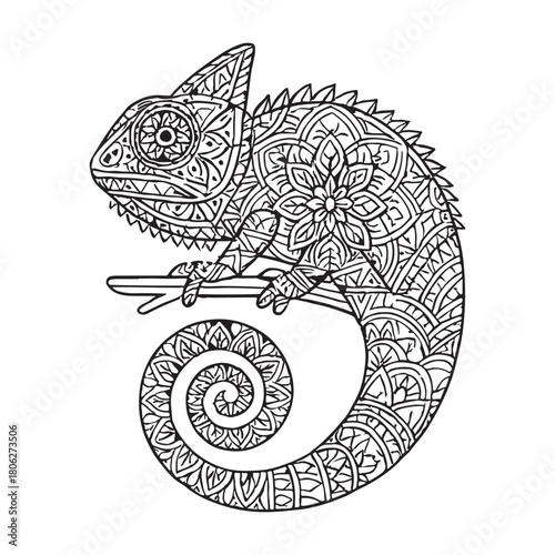 Intricate Mandala Style Chameleon Illustration Sitting On A Branch - A Detailed And Decorative Design Featuring Geometric Patterns And Floral Motifs