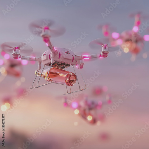 Pink drones fly with bottles of champagne at sunset.