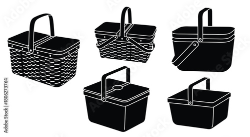 Collection of various black and white picnic basket illustrations displayed together