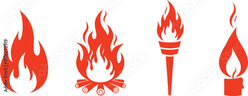 Red flame icons set with campfire burning logs and torch fire symbol