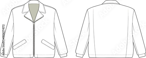 Men’s casual jacket front and back view, cad drawing flat vector illustration fashion template for apparel designers and outerwear technical design