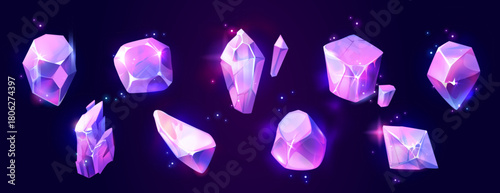 Magic crystals and gemstones set for game ui with glowing facets on dark background. Pink and purple gradient diamonds, irregular mineral stones sparkling by luminous effects. Fantasy jewel collection