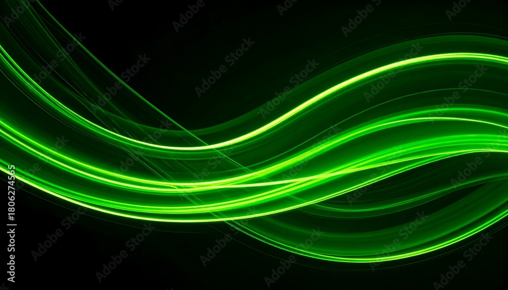 Naklejka premium Bright green light trails curve gracefully on a black background, creating an abstract design
